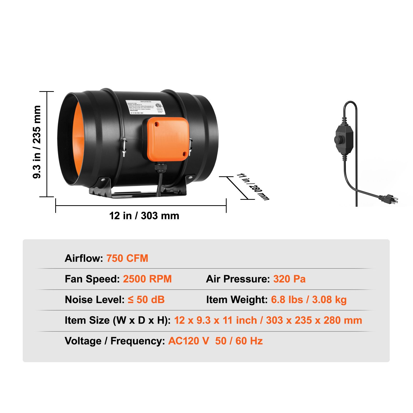 Inline Duct Fan 8 Inch - مروحة أنبوبية مدمجة، 8 بوصات، 750